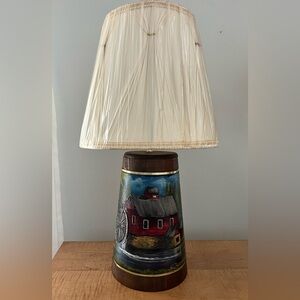 VTG Toleware Painted Table Lamp Wagon Wheel Barn Barrel Shape Wood